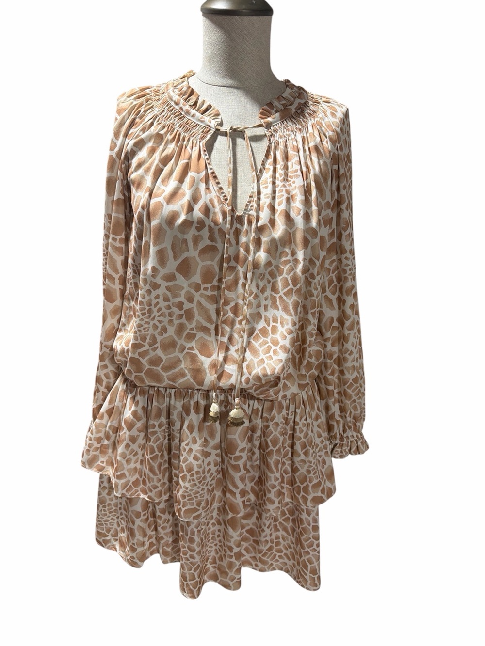 Hale Bob Tara Beige and White Printed Mini Dress